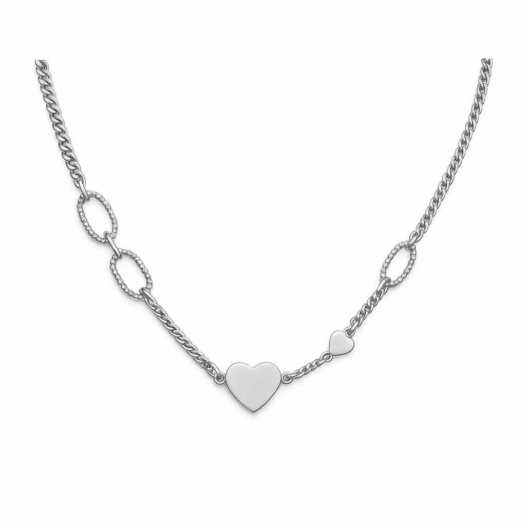 Silver Heart Textured Paperclip Necklace | Adjustable Minimalist Silver Chain