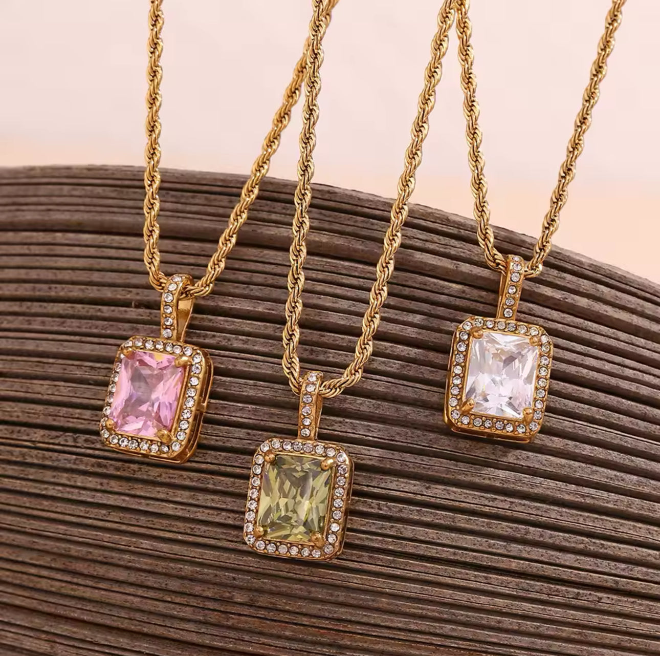 Cubic Zircon Stainless Steel Pendant Necklace - Gold