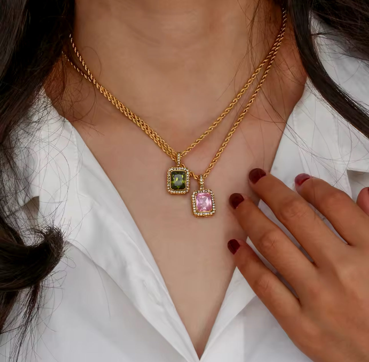 Cubic Zircon Stainless Steel Pendant Necklace - Gold