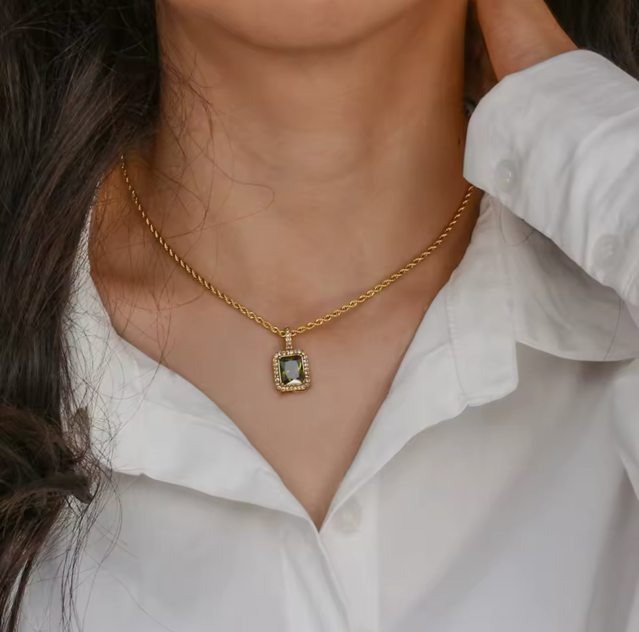 Cubic Zircon Stainless Steel Pendant Necklace - Gold