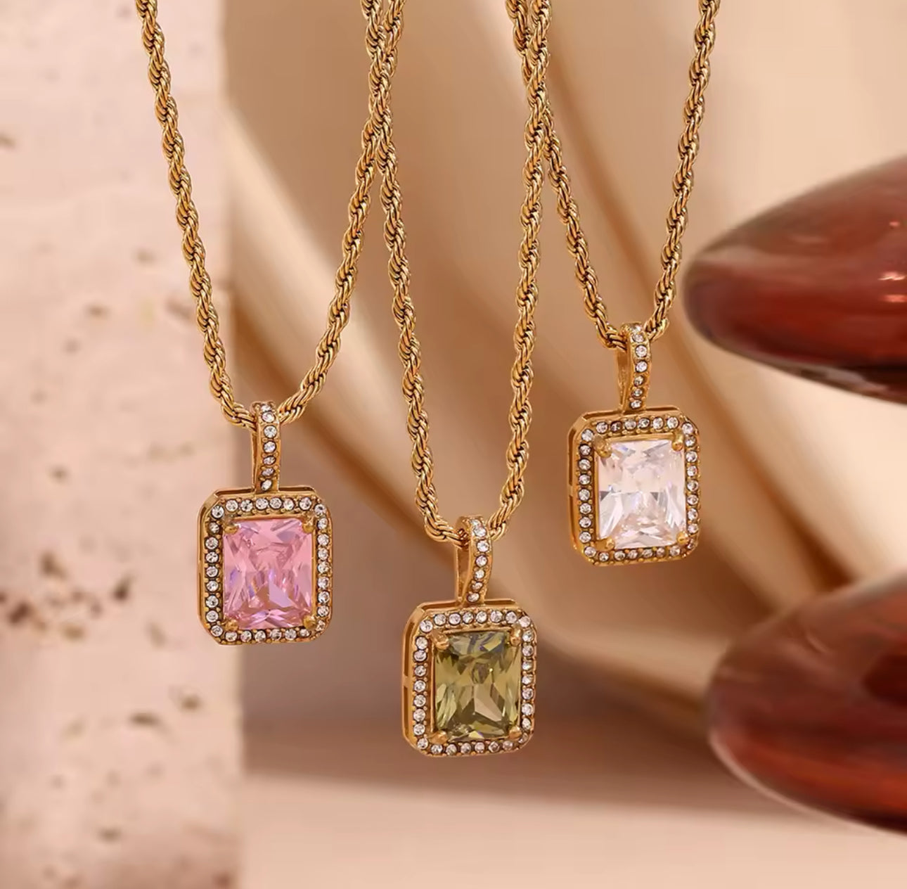 Cubic Zircon Stainless Steel Pendant Necklace - Gold