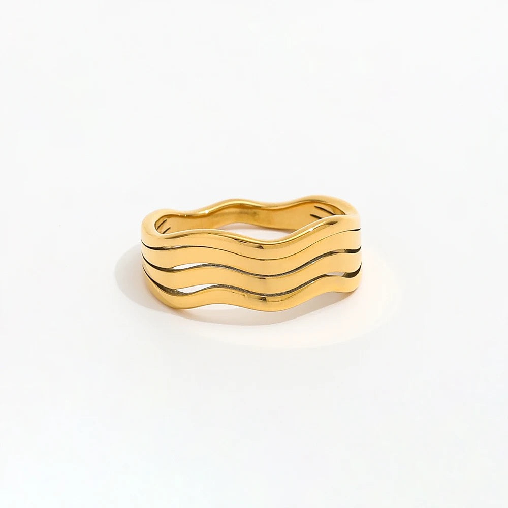 Stainless Steel Multi Layer Lines Curve Solid Ring - Gold