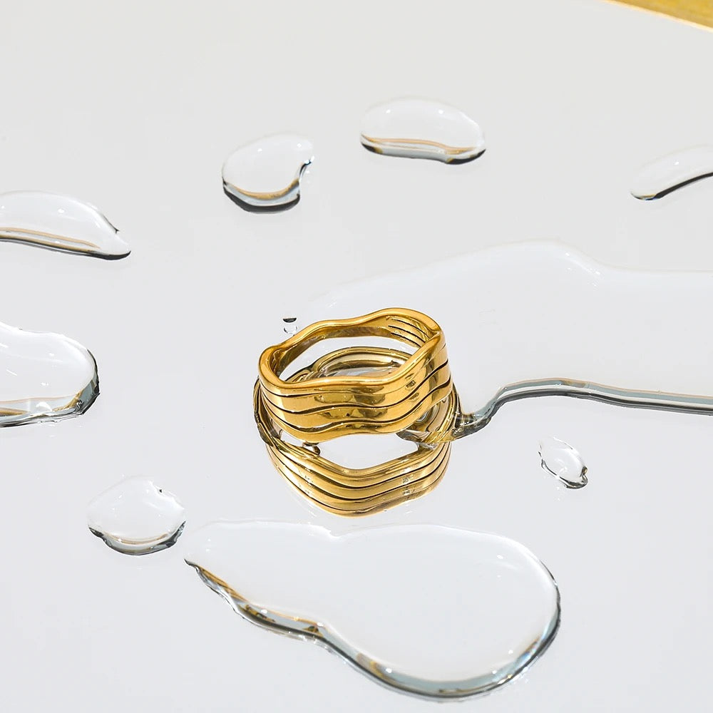 Stainless Steel Multi Layer Lines Curve Solid Ring - Gold