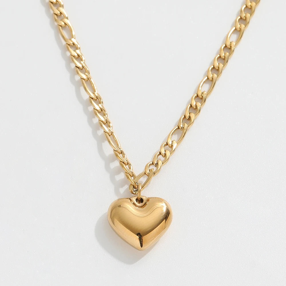 Gold Heart Pendant Figaro Chain Necklace