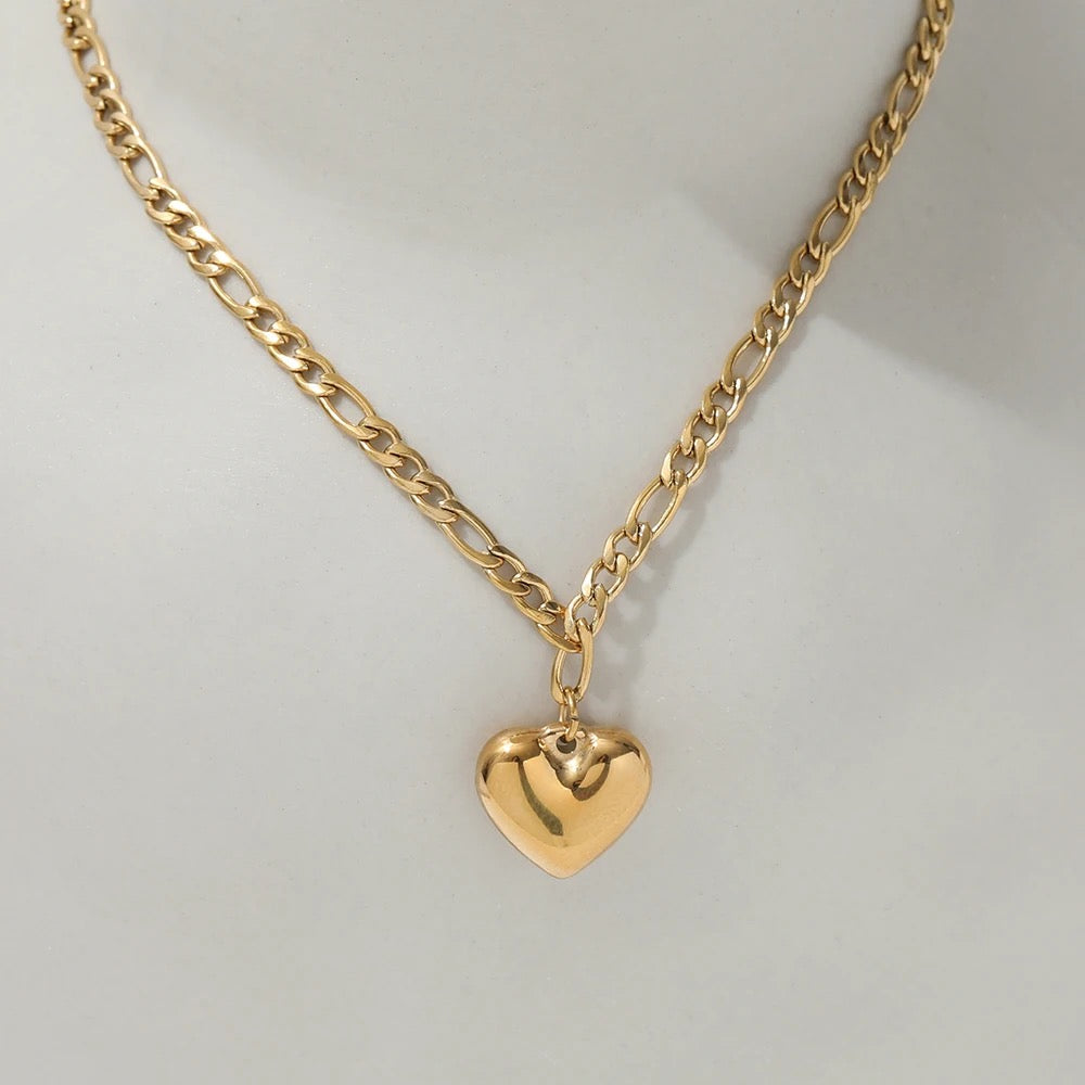 Gold Heart Pendant Figaro Chain Necklace