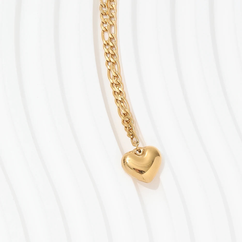 Gold Heart Pendant Figaro Chain Necklace