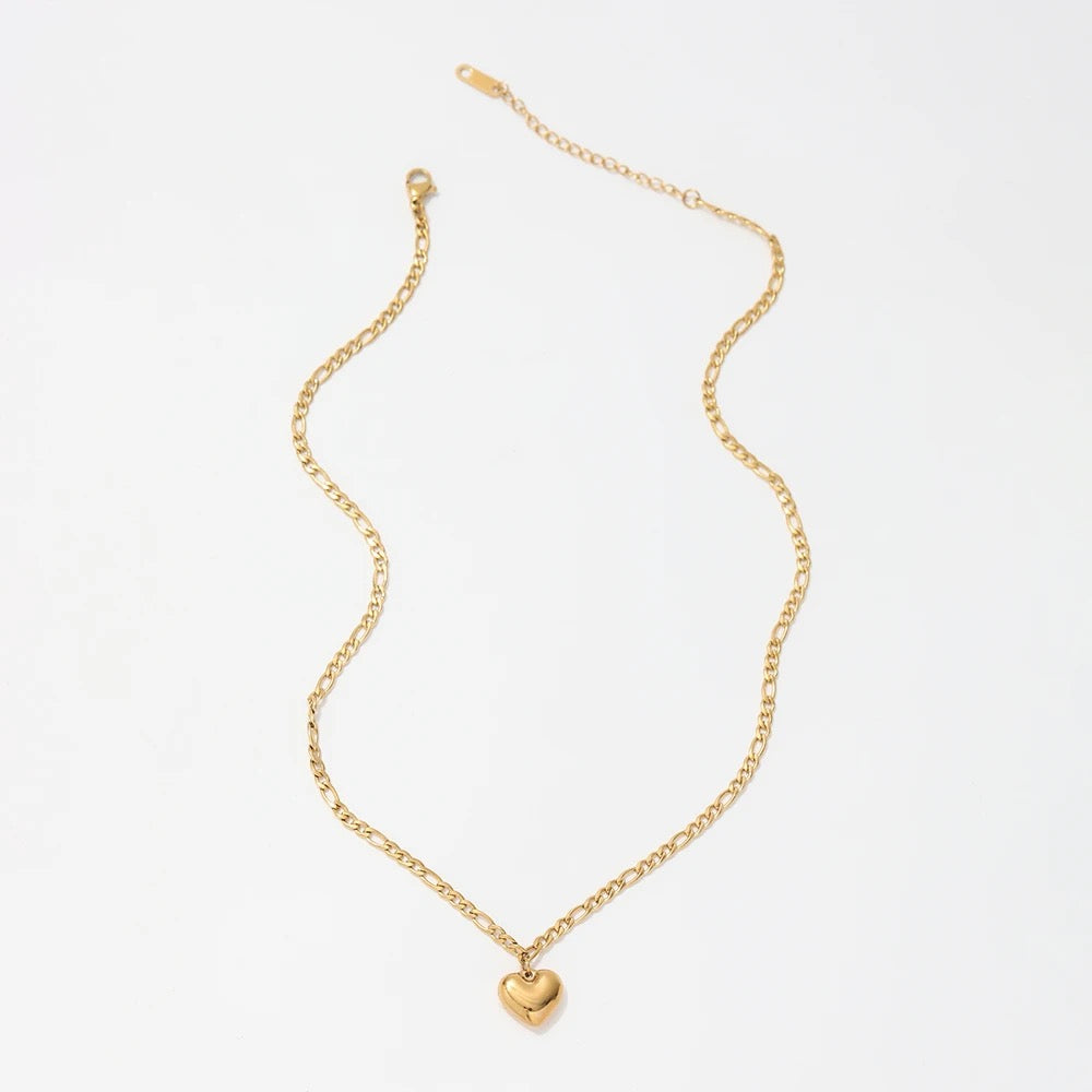 Gold Heart Pendant Figaro Chain Necklace