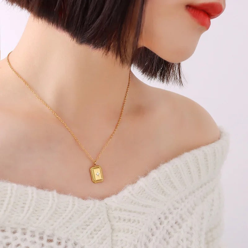 CZ Star Burst 18K Gold Plated Stainless Steel Pendant necklace