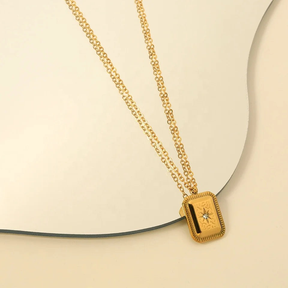 CZ Star Burst 18K Gold Plated Stainless Steel Pendant necklace