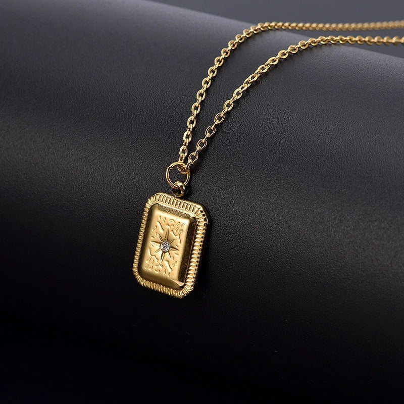 CZ Star Burst 18K Gold Plated Stainless Steel Pendant necklace