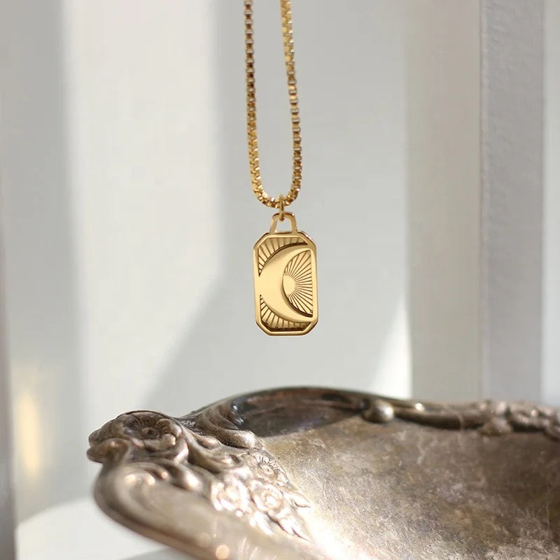 Dainty Moon Rectangle Pendant Necklace