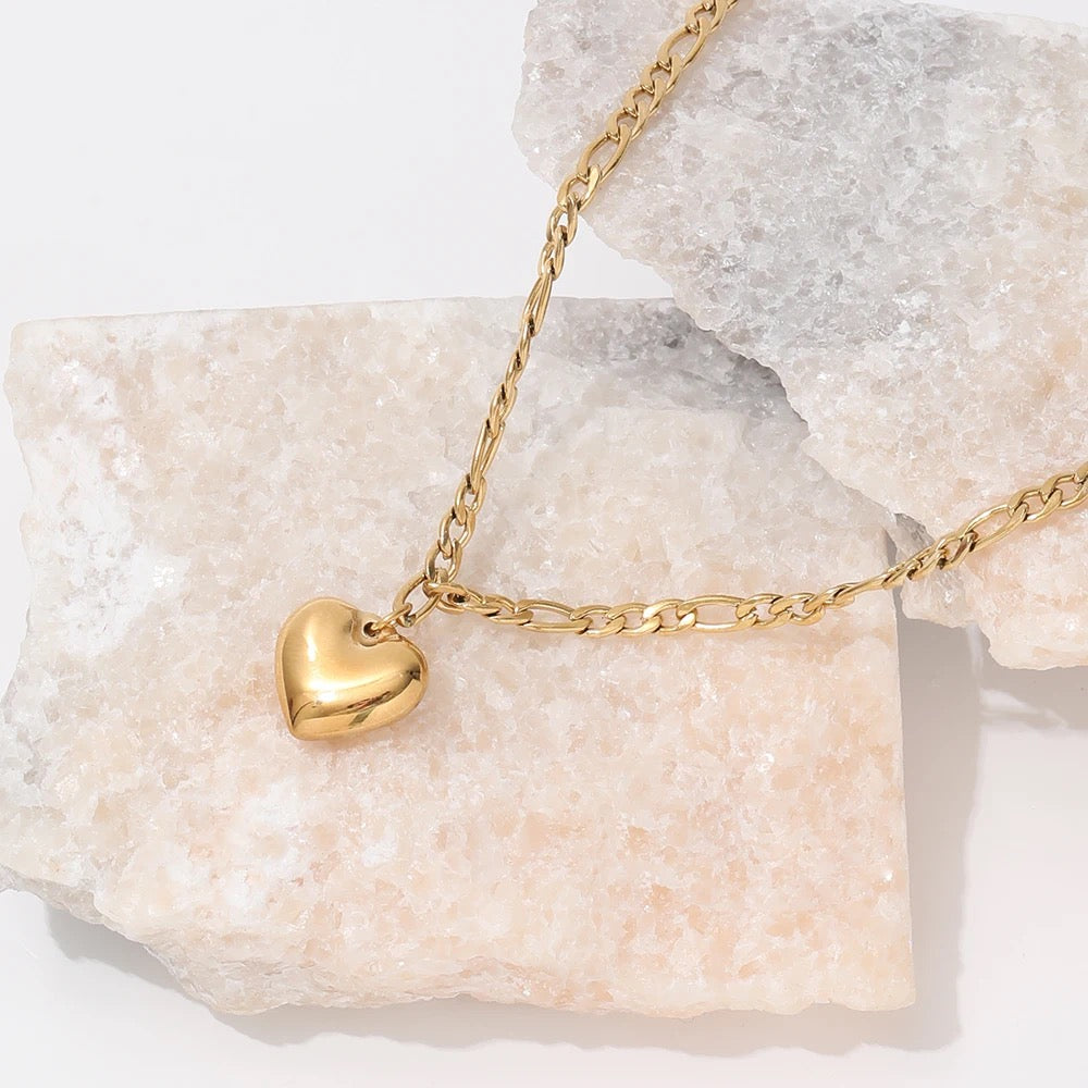 Gold Heart Pendant Figaro Chain Necklace