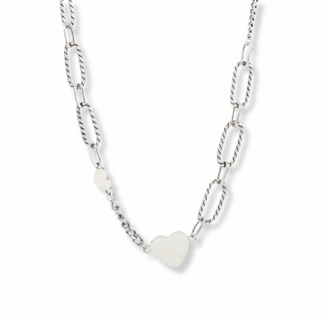 s924 Silver Heart & Textured Paperclip Necklace