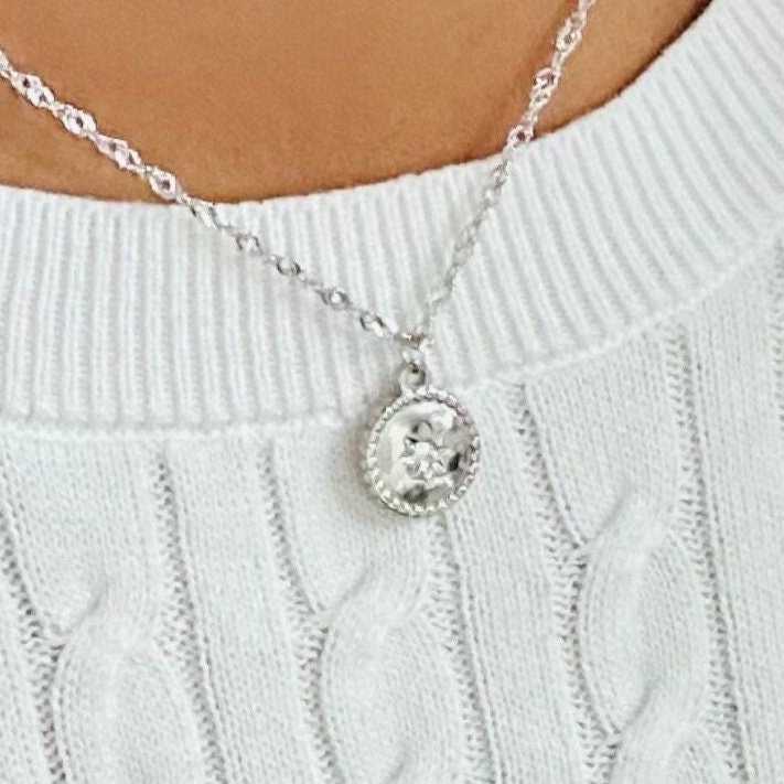 Silver Sunburst Round Pendant Twisted Chain Necklace