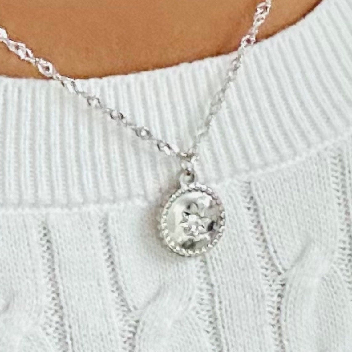 Silver Sunburst Round Pendant Twisted Chain Necklace