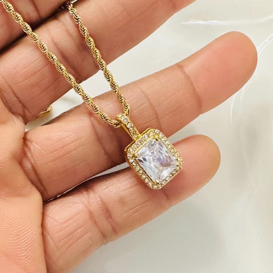 Cubic Zircon Stainless Steel Pendant Necklace - Gold