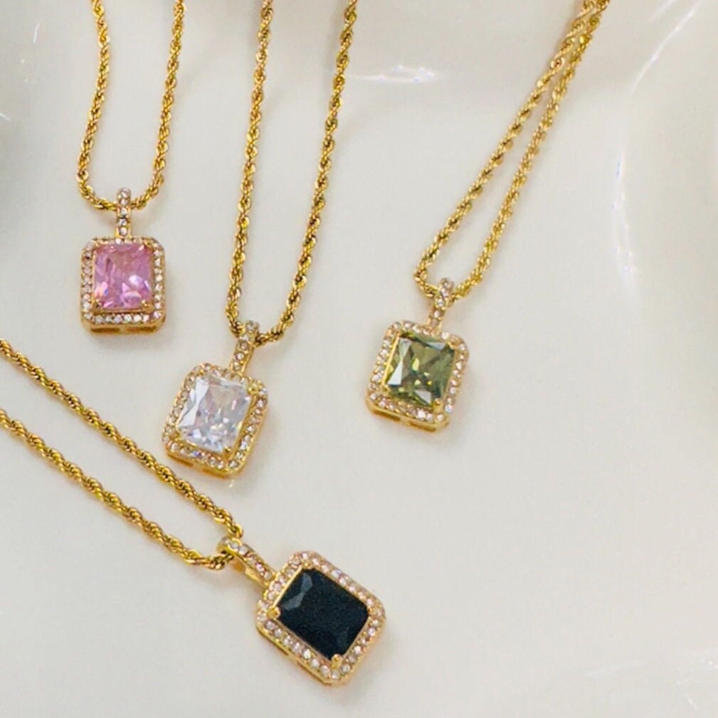Cubic Zircon Stainless Steel Pendant Necklace - Gold