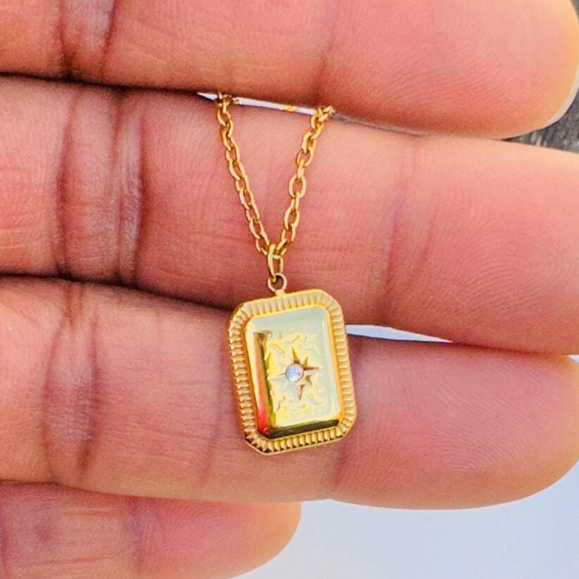 CZ Star Burst 18K Gold Plated Stainless Steel Pendant necklace