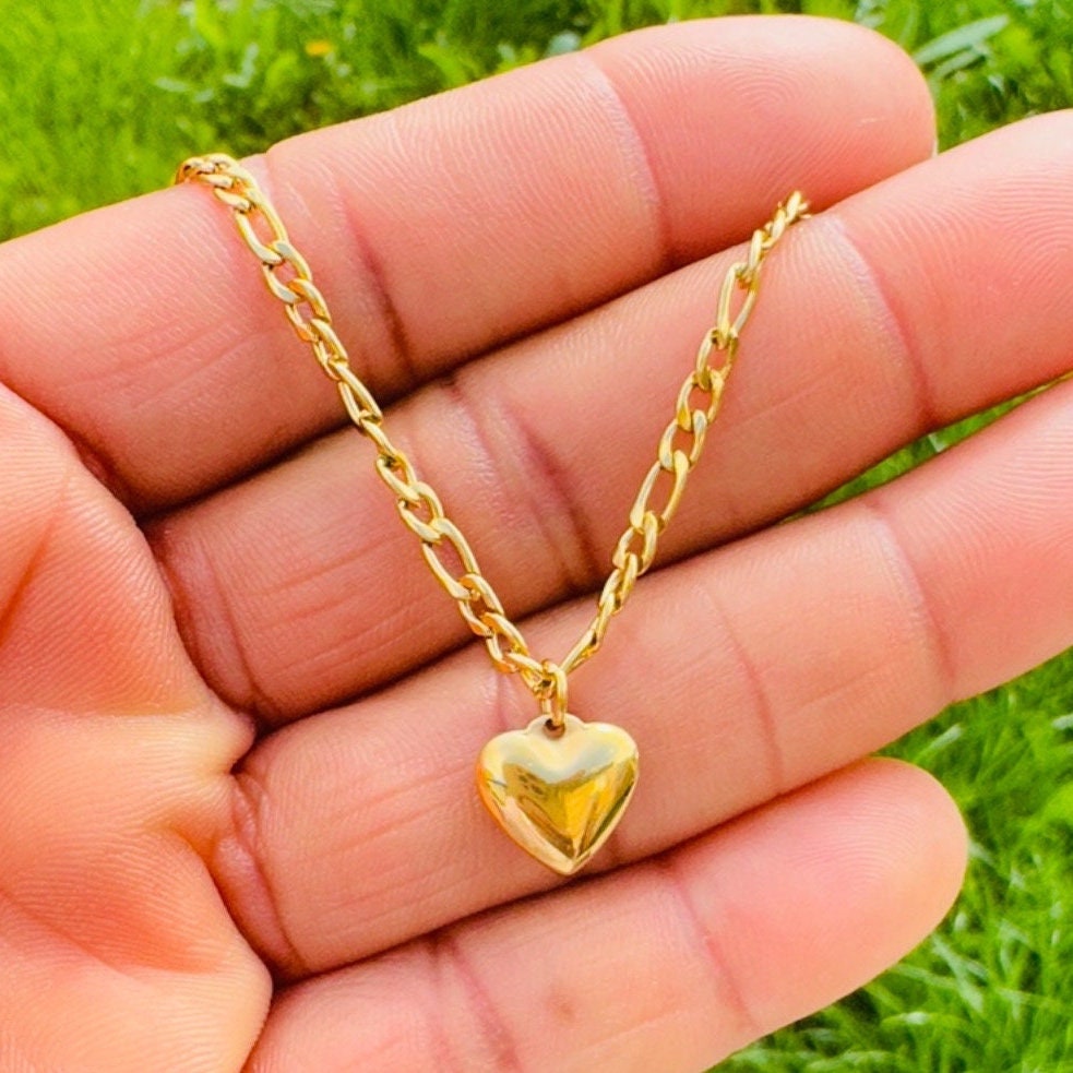 Gold Heart Pendant Figaro Chain Necklace