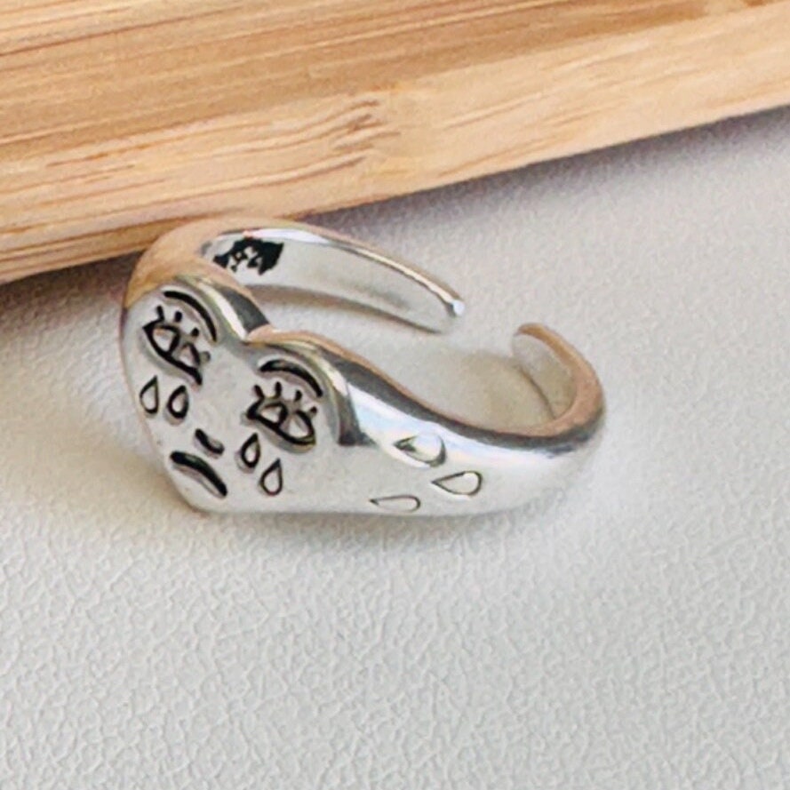 Retro Signet Crying Face Emoji - Silver Ring