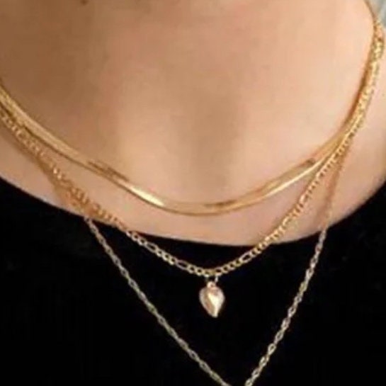 Gold Heart Pendant Figaro Chain Necklace