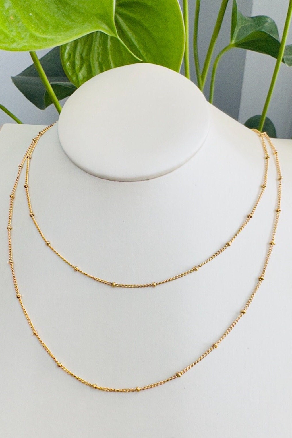 Double Layer 18K Gold Dainty Bead Chain Necklace