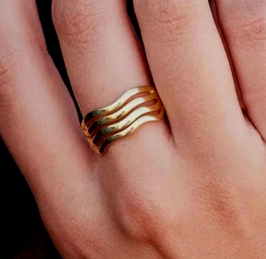 Stainless Steel Multi Layer Lines Curve Solid Ring - Gold