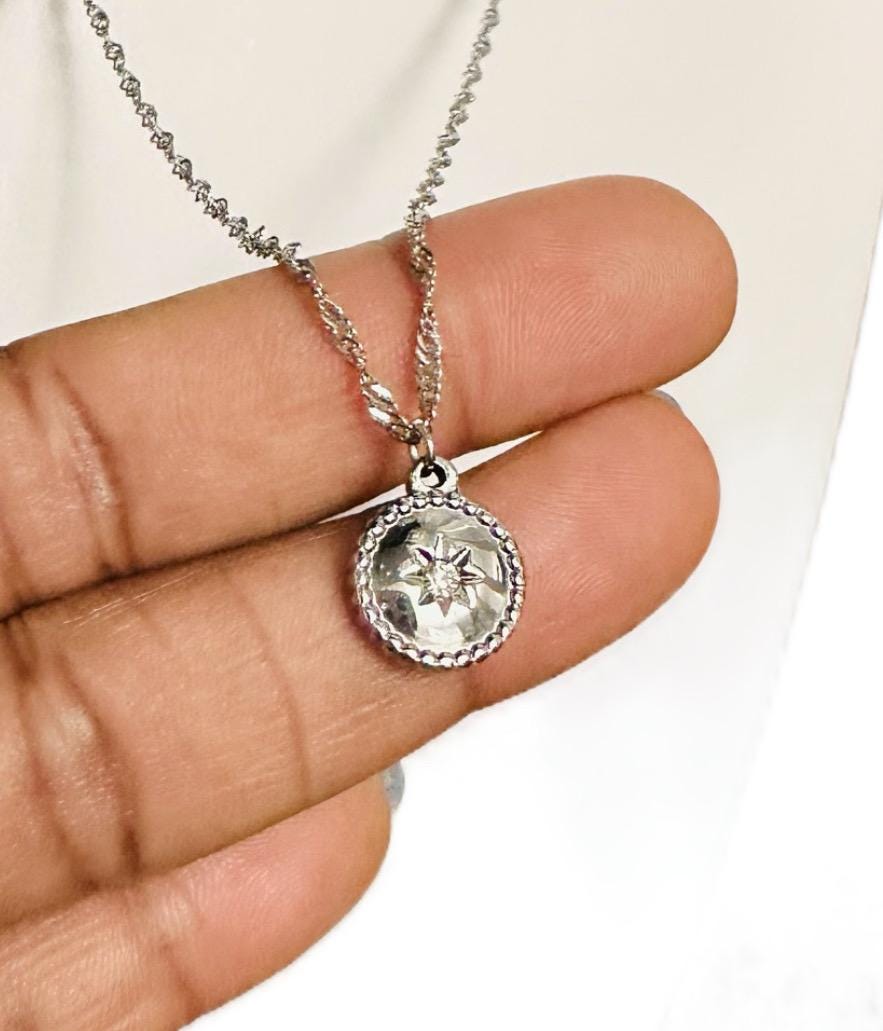 Silver Sunburst Round Pendant Twisted Chain Necklace