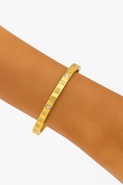 18K Gold Plated Roman Numeral Bangle – Stainless Steel | Crystal Accents | Luxury Minimalist Bracelet for Women