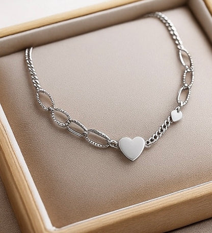 Silver Heart Textured Paperclip Necklace | Adjustable Minimalist Silver Chain