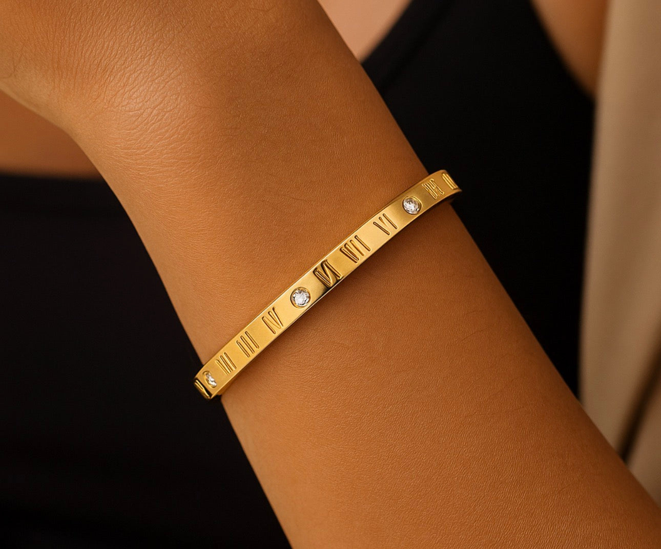 18K Gold Plated Roman Numeral Bangle – Stainless Steel | Crystal Accents | Luxury Minimalist Bracelet for Women