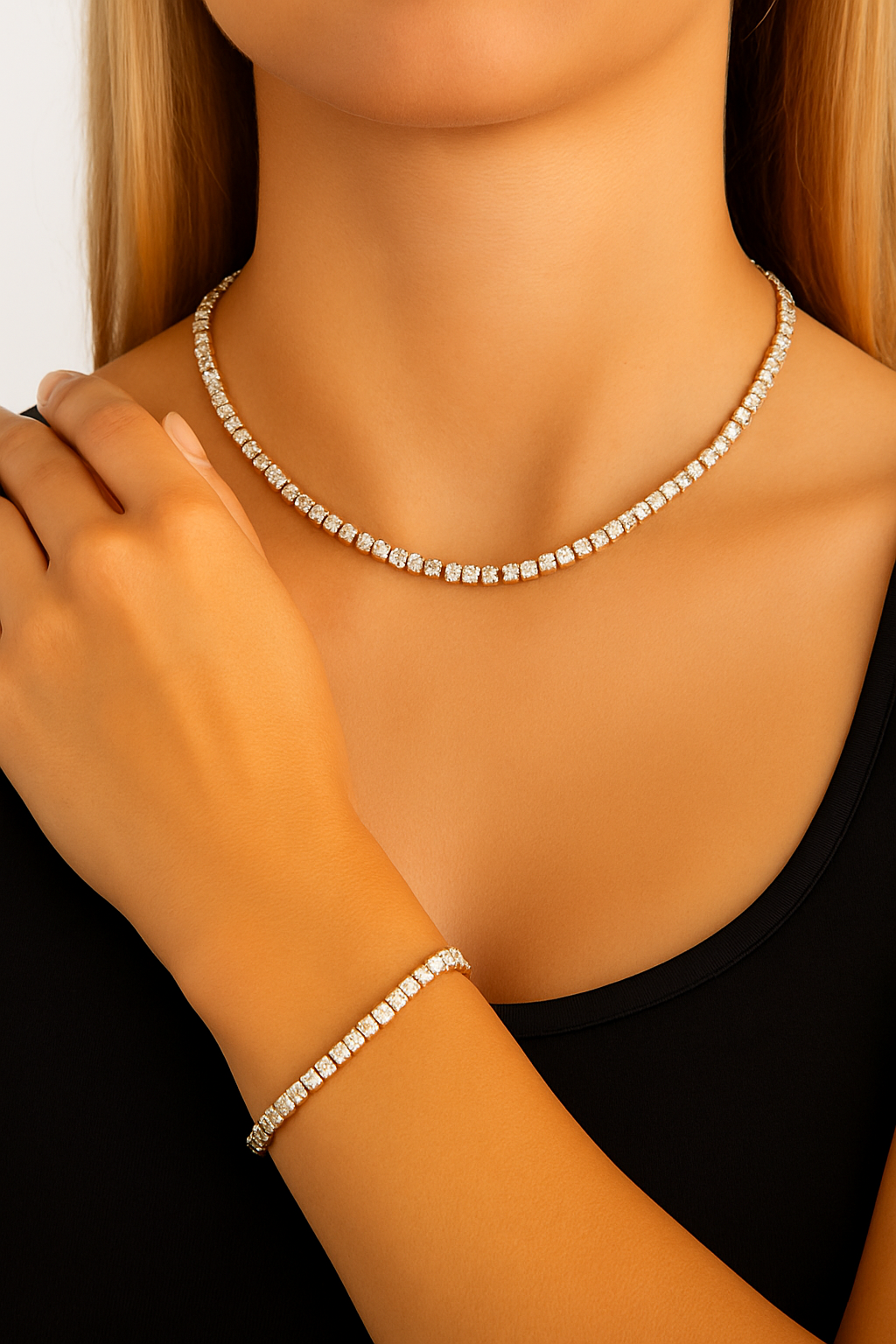 18K Gold Classic Tennis Necklace and Bracelet Set
