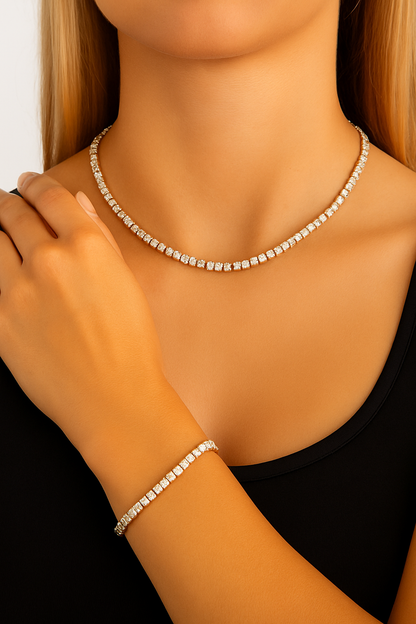 18K Gold Classic Tennis Necklace and Bracelet Set
