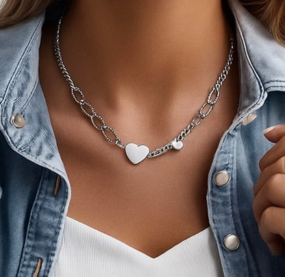 Silver Heart Textured Paperclip Necklace | Adjustable Minimalist Silver Chain