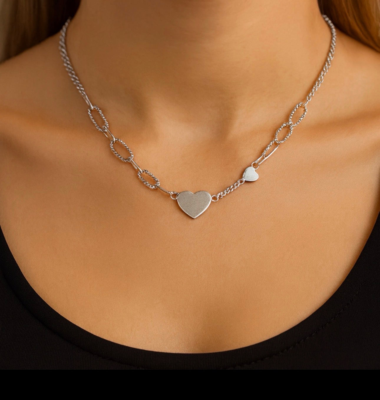 Silver Heart Textured Paperclip Necklace | Adjustable Minimalist Silver Chain