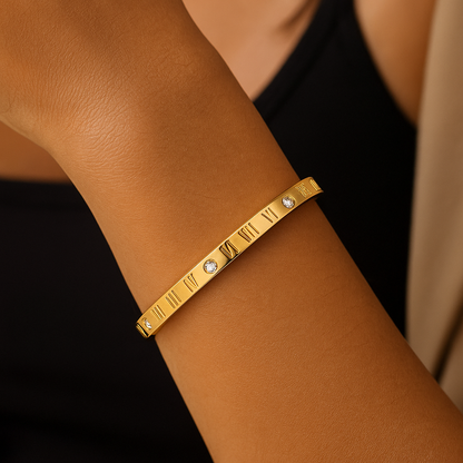 18K Gold Plated Roman Numeral Bangle – Stainless Steel | Crystal Accents | Luxury Minimalist Bracelet for Women