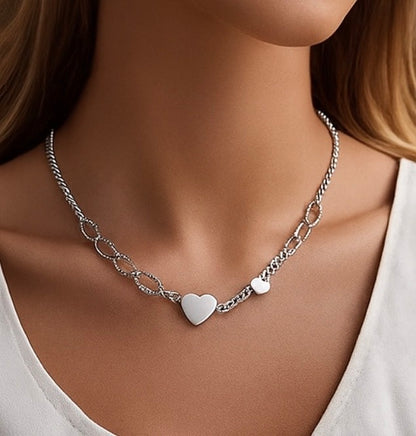 Silver Heart Textured Paperclip Necklace | Adjustable Minimalist Silver Chain