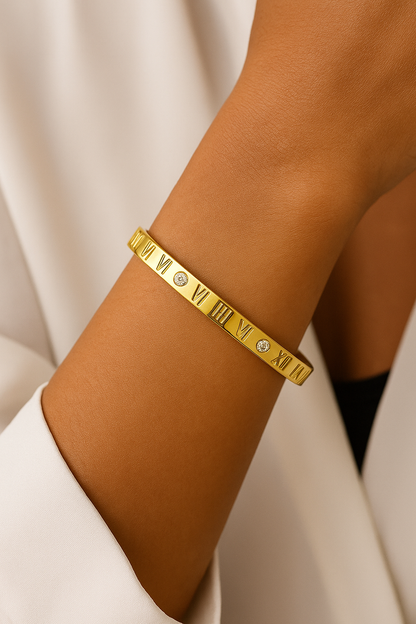 18K Gold Plated Roman Numeral Bangle – Stainless Steel | Crystal Accents | Luxury Minimalist Bracelet for Women