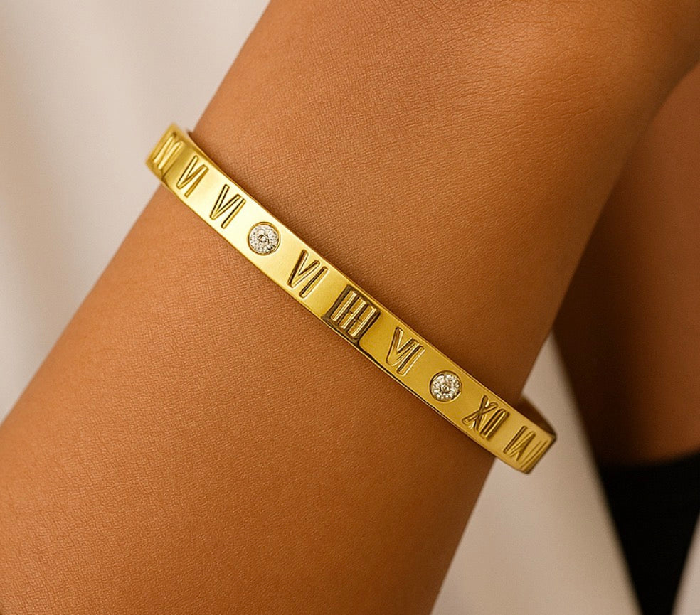 18K Gold Plated Roman Numeral Bangle – Stainless Steel | Crystal Accents | Luxury Minimalist Bracelet for Women