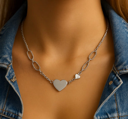 Silver Heart Textured Paperclip Necklace | Adjustable Minimalist Silver Chain