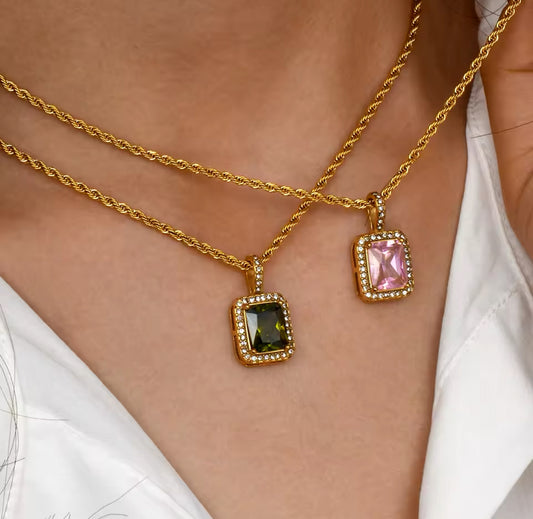Cubic Zircon Stainless Steel Pendant Necklace - Gold