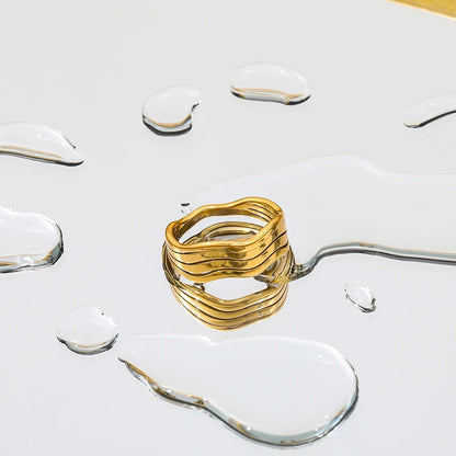 Stainless Steel Multi Layer Lines Curve Solid Ring - Gold
