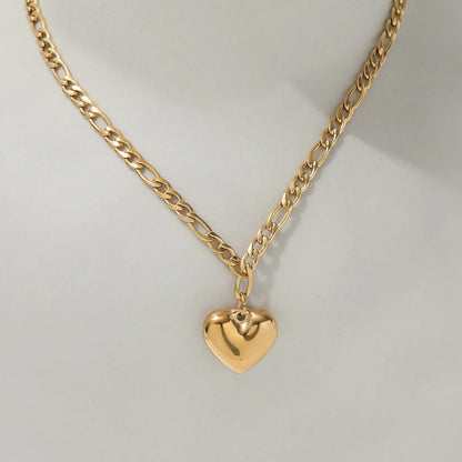 Gold Heart Pendant Figaro Chain Necklace