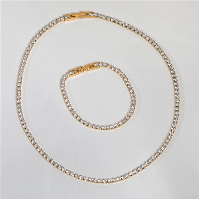 18K Gold Classic Tennis Necklace and Bracelet Set