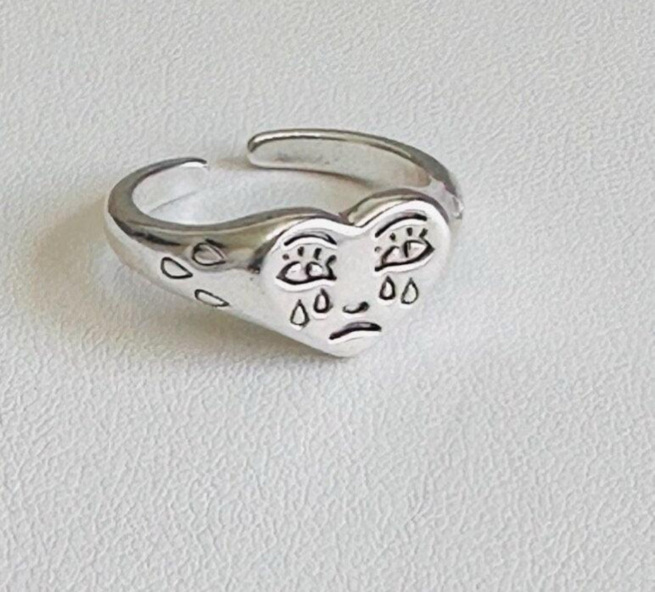 Retro Signet Crying Face Emoji - Silver Ring