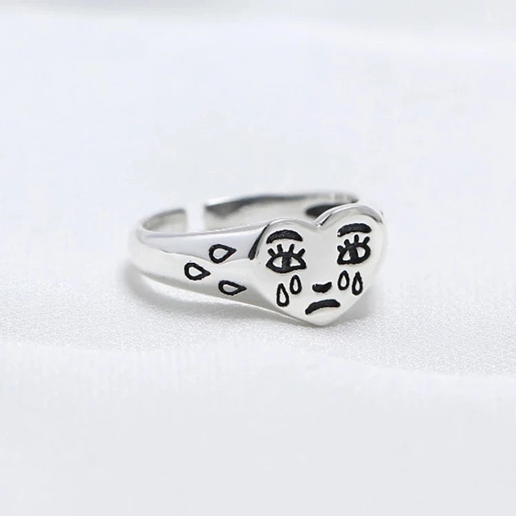 Retro Signet Crying Face Emoji - Silver Ring