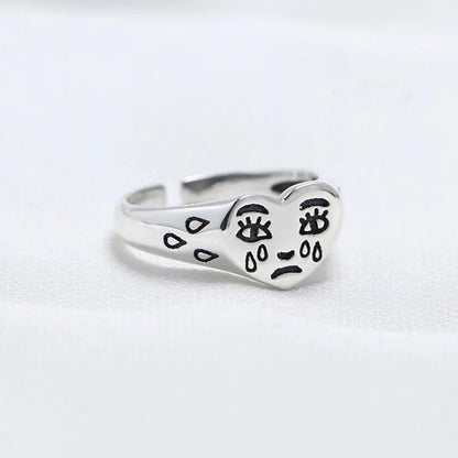 Retro Signet Crying Face Emoji - Silver Ring