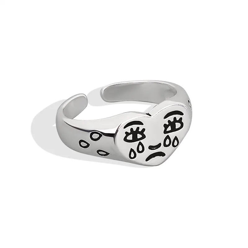 Retro Signet Crying Face Emoji - Silver Ring