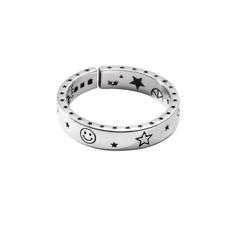 Sterling 925 Open Moon Star Ring - Silver