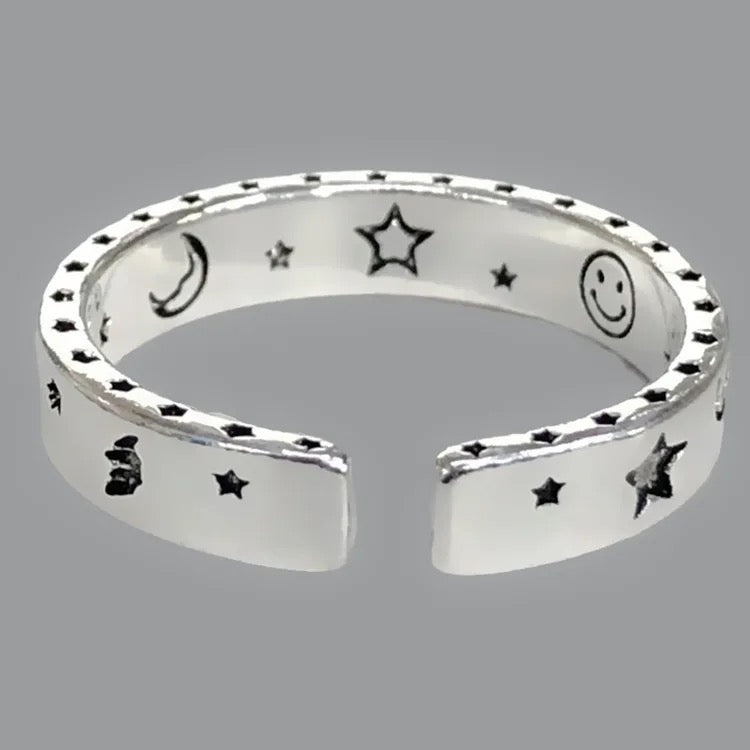 Sterling 925 Open Moon Star Ring - Silver